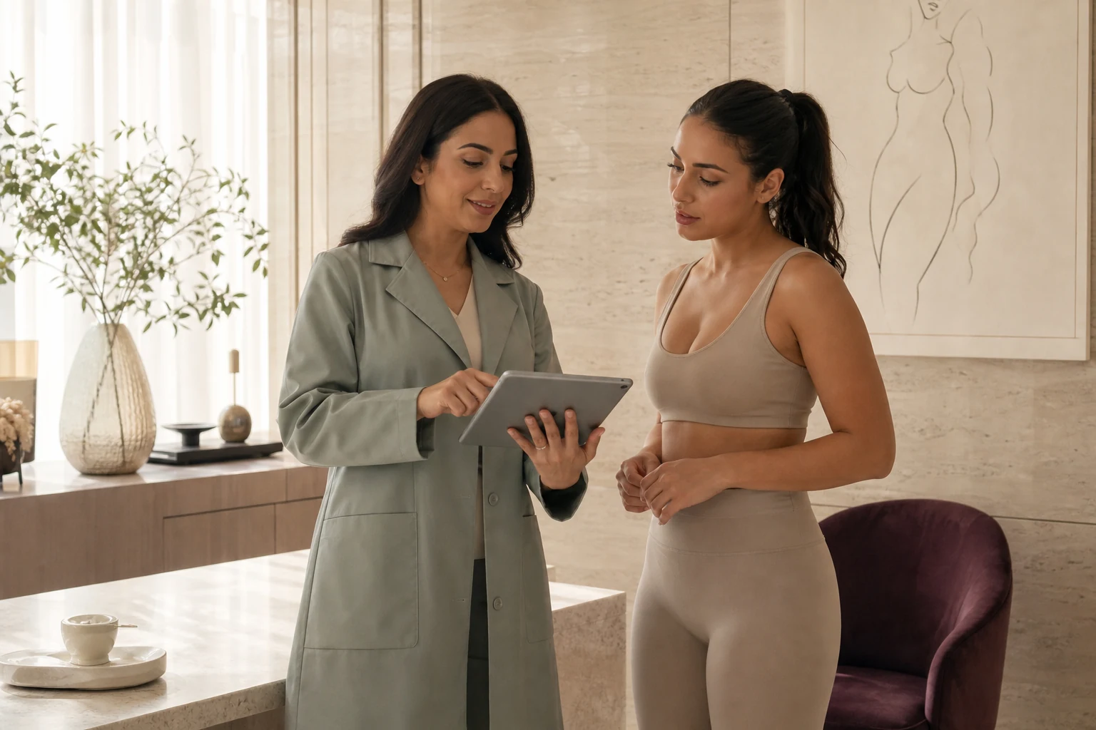 Adult patient reviewing a body-contouring plan with a clinician